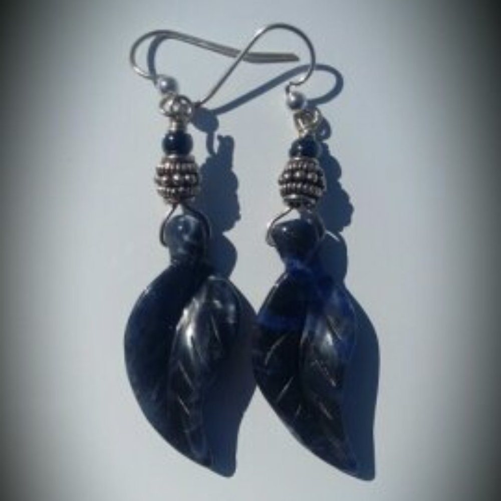 Blue Sodalite Carved Leaf Earrings SS